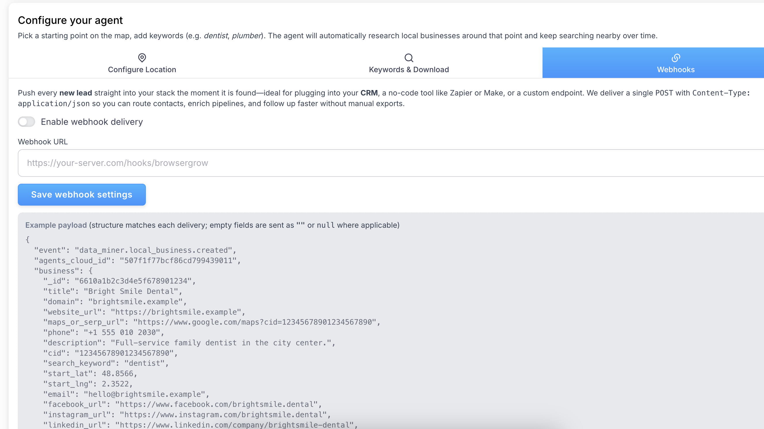 Export or send to your stack with webhooks